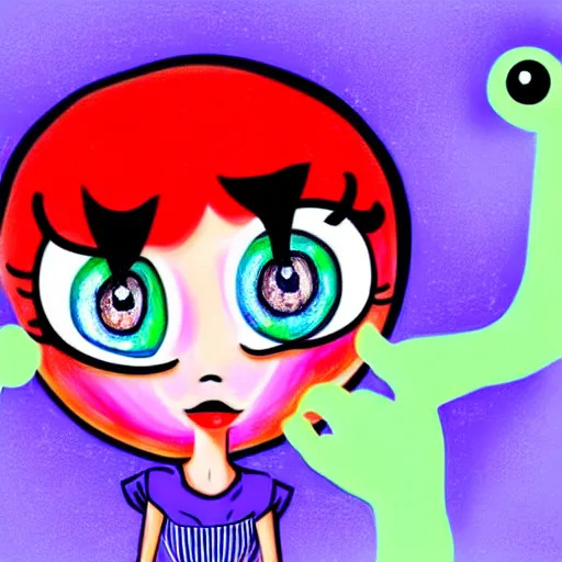 Image similar to digital drawing of the coke logo personified as a cute soda themed girl in the style of the youtuber lavender towne, margaret keane style, large creepy eyes, extremely detailed and colorful eyes, digital art, deviant art, soda themed girl, hyper detailed eyes, money sign pupils, tim burton, scratchy lines