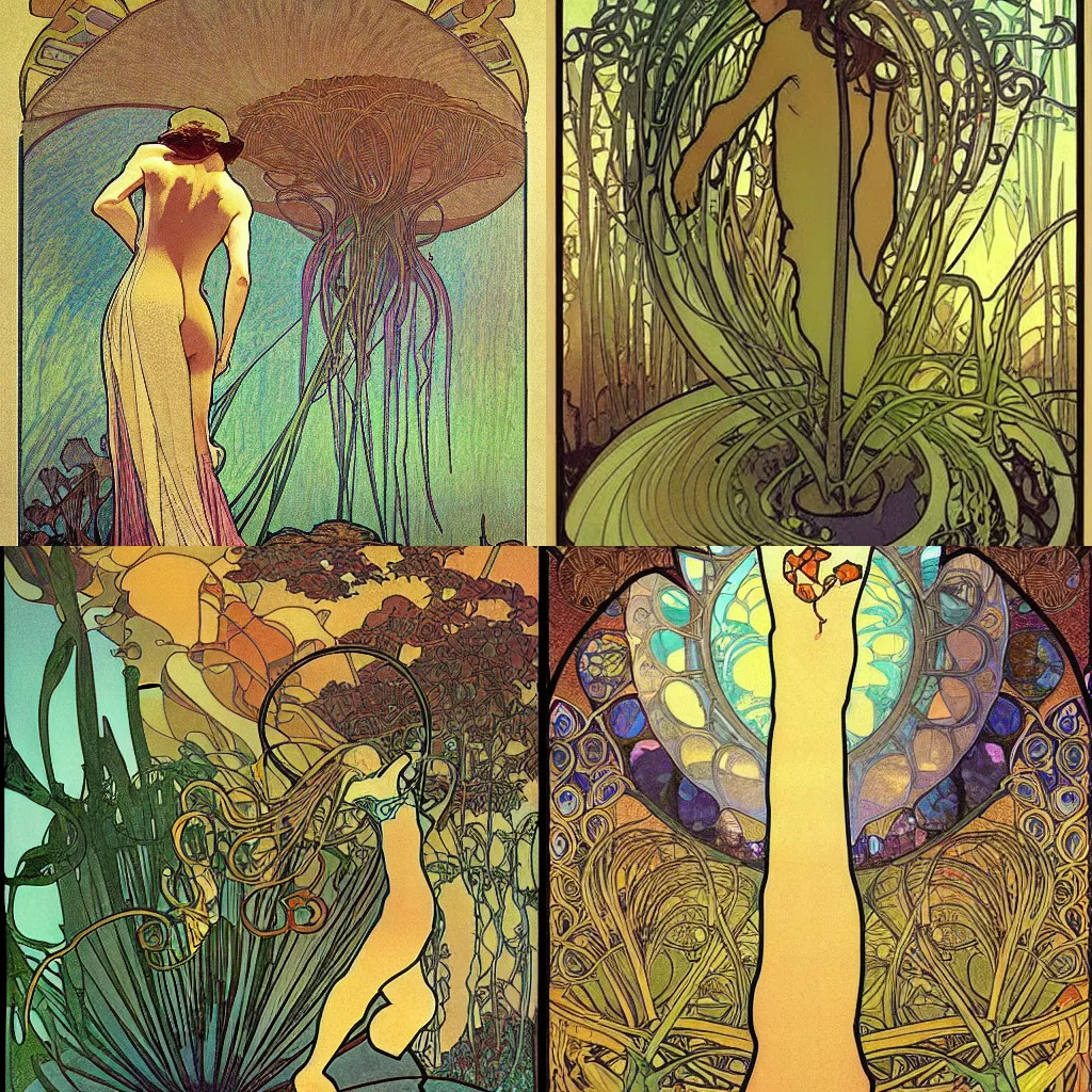 Prompt: studio light, fungal growth lanscape by moebius, art nouveau by alphonse mucha, clean lines