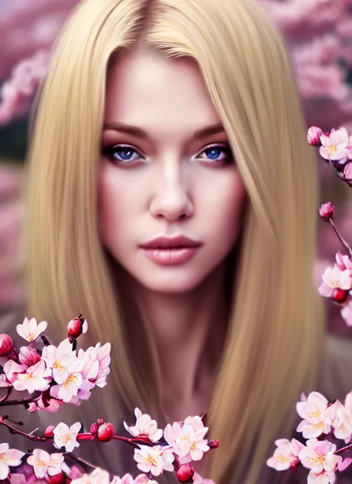 Image similar to photo of a gorgeous blonde female in the style of stefan kostic, realistic, half body shot, sharp focus, 8 k high definition, insanely detailed, intricate, elegant, art by stanley lau and artgerm, extreme blur cherry blossoms background