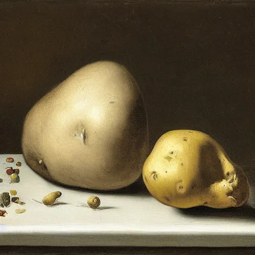 Image similar to vanitas painting of a solitaire potato contemplating it's life thus far, oil on cavnas by Pieter Claesz