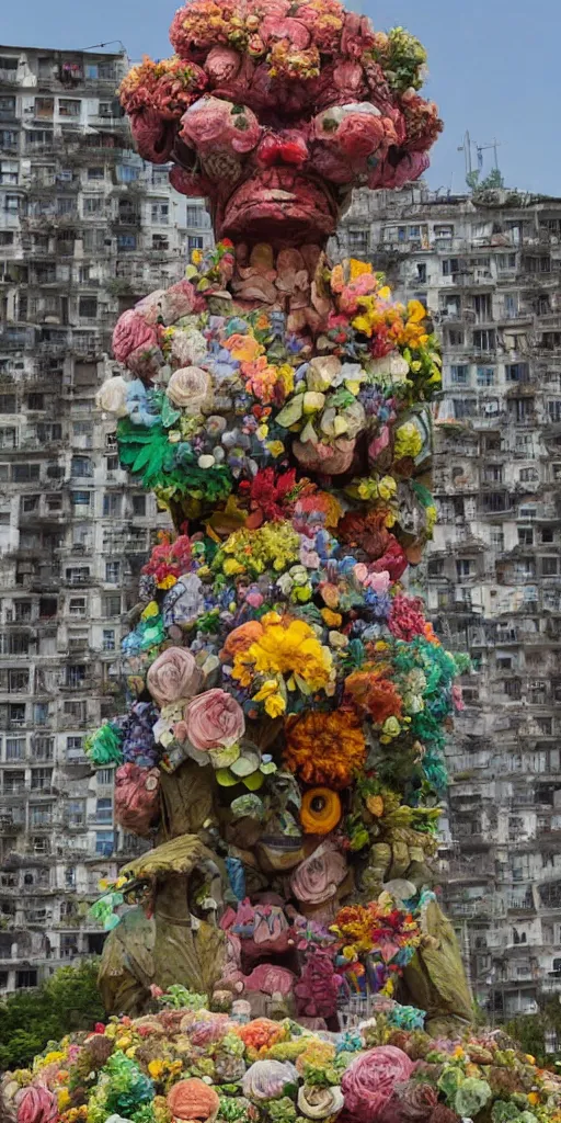 Image similar to colossal grotesque flower statue made from Lenin heads and colorful alien flowers in the middle of abandoned early soviet constructivist cityscape, Stalinist architecture, ultradetailed by Hayao Miyazaki and Josan Gonzalez and Makoto Shinkai and Giuseppe Arcimboldo and Wes Anderson