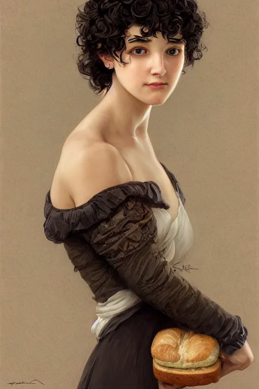 Image similar to beautiful cottagecore of a girl with short black curly hair, round face, cute face, holding a loaf of bread. intricate, elegant. highly detailed, digital painting, artstation, concept art, smooth, sharp, focus, illustration. . art by artgerm and greg rutkowski and alphonse mucha