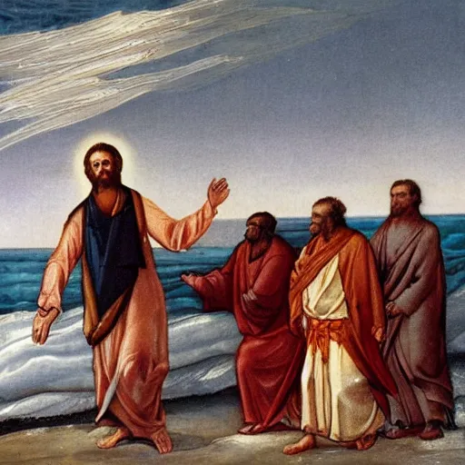 Prompt: the apostle Andrew fished from the pier, and the savior walked on the water