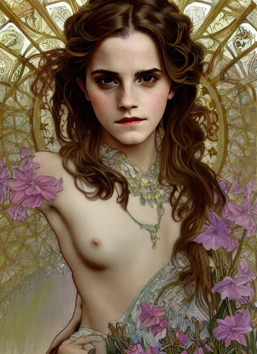 Image similar to Emma Watson as God of Beauty, cute, fantasy, intricate, elegant, highly detailed, digital painting, 4k, HDR, concept art, smooth, sharp focus, illustration, art by alphonse mucha,artgerm, H R Giger