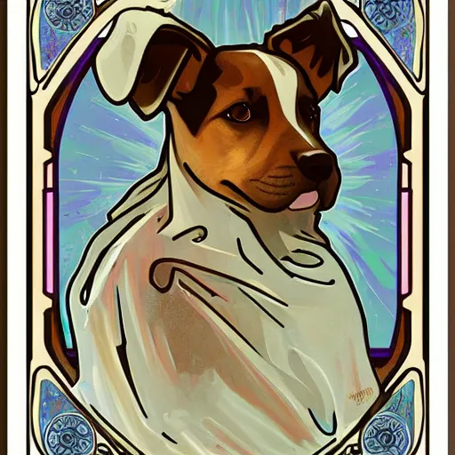 Image similar to a cute dog in the style of alphonse mucha