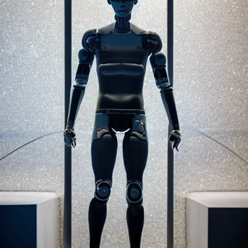 Image similar to a realistic detailed photo of a guy who is an attractive humanoid who is half robot and half humanoid, who is a male android, soccer player timo werner, shiny skin, posing like a statue, blank stare, by the pool, on display, showing off his muscles, humanoid robot, frozen ice statue, made of ice