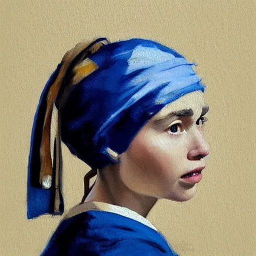 Image similar to greg manchess portrait painting of the boy with the pearl earring with the face of emilia clarke, medium shot, asymmetrical, profile picture, organic painting, sunny day, matte painting, bold shapes, hard edges, street art, trending on artstation, by huang guangjian and gil elvgren and gerald brom