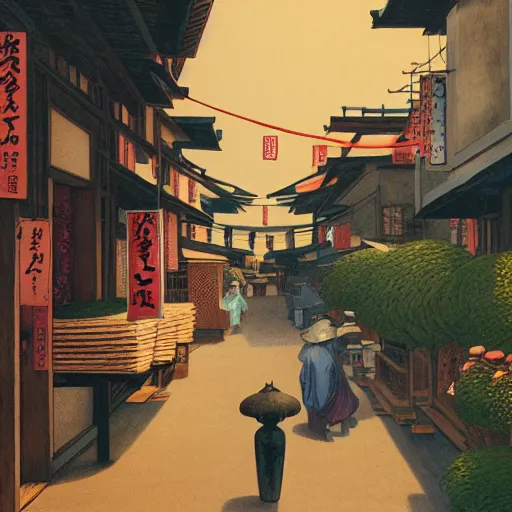 Prompt: japanese paper lantern shop on a fancy street in a japanese village during the day, lush plants, magic details, by moebius, edward hopper, james gilleard, and james jean, hd, 8 k, trending on artstation, uhd,