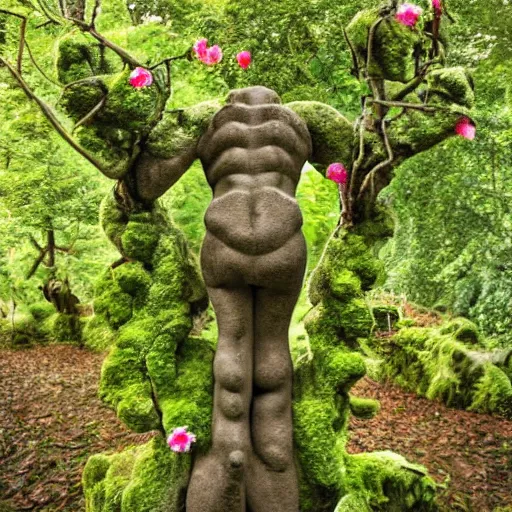 Image similar to stone golem covered with flowers and ivy in an enchanted forest, by simon cowell