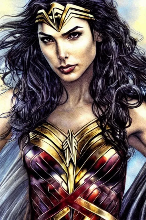 Prompt: Gal Gadot as Wonder Woman, illustration by Luis Royo