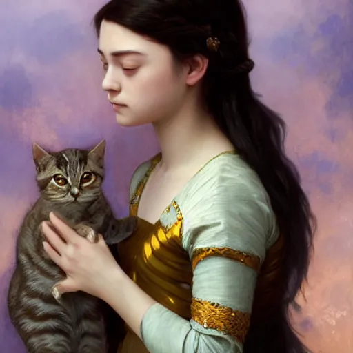 Prompt: Portrait of arya stark as javanese princess kissing a cat, elegant, digital painting, highly detailed, fantasy, artstation, concept art, smooth, sharp focus, illustration, art by William-Adolphe Bouguereau and artgerm and greg rutkowski and alphonse mucha