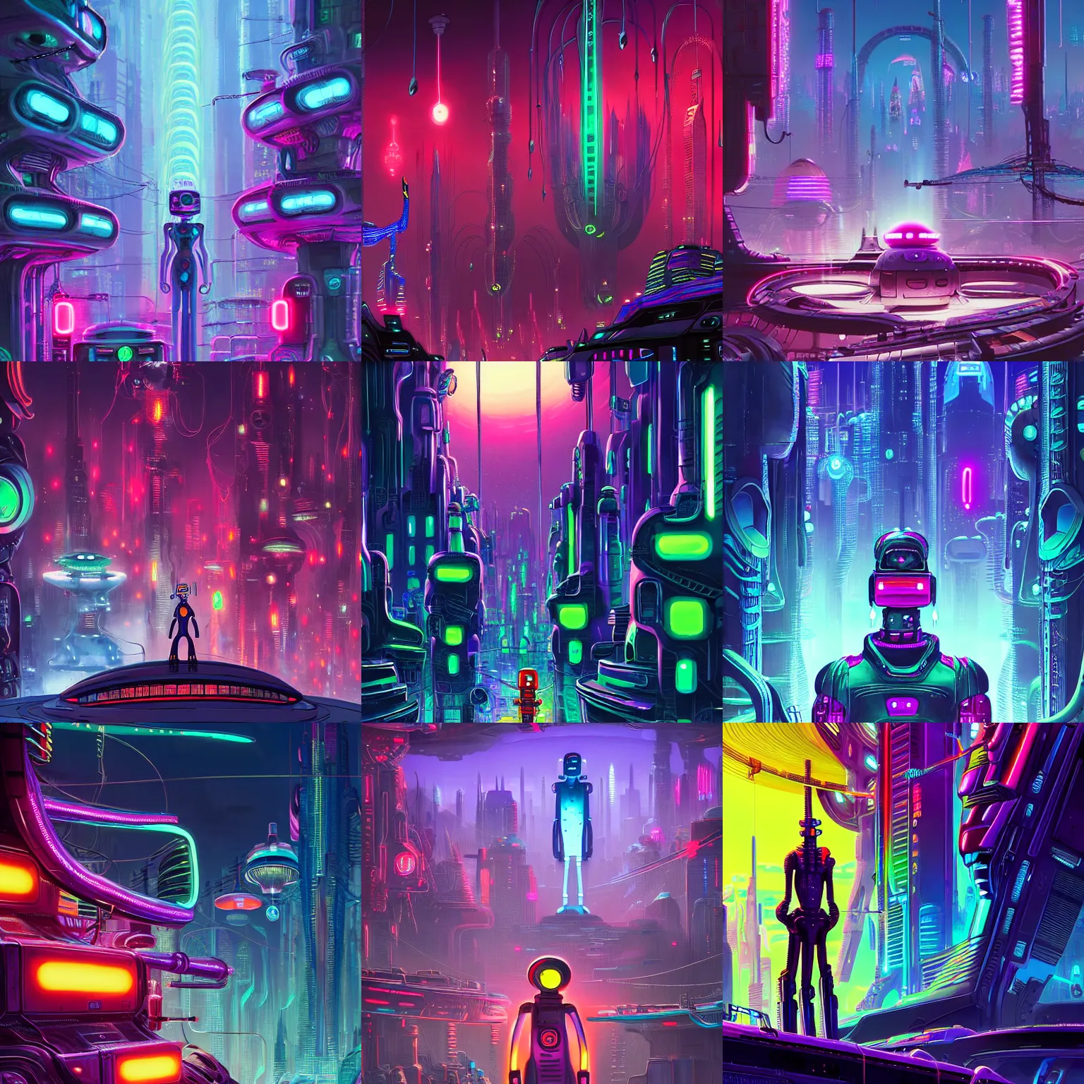 Prompt: bender from futurama inside an scifi tentacles wires futuristic city, beautiful neon cats, cinematic, highly detailed, photorealistic, rich bright colors, trending on artstation, giger, tsutomu nihei, trending on cgsociety, awe inspiring bruce pennington cityscape, digital art painting of 1 9 6 0 s
