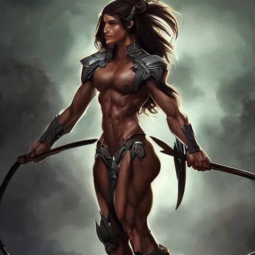 Image similar to “Tomboy Athletic Muscular female draft centaur with dark long hair and rounded features, wears leather armor, D&D, fantasy, intricate, cinematic lighting, highly detailed, digital painting, artstation, concept art, smooth, sharp focus, illustration, art by Artgerm and Greg Rutkowski and Alphonse Mucha”