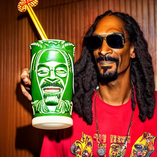 Prompt: a closeup photorealistic photograph of happy snoop dogg at trader vic's bar presenting a trader vic's tiki mug that features the face of snoop dogg. brightly lit scene. this 4 k hd image is trending on artstation, featured on behance, well - rendered, extra crisp, features intricate detail, epic composition and the style of unreal engine.