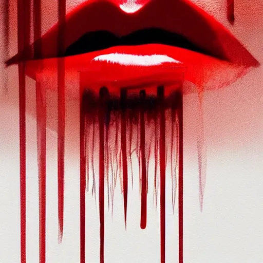 Image similar to lips sewn shut surrounded by red curtains by Conrad Roset and Nicola Samuri, close-up shot, rule of thirds, seductive look, beautiful, intricate, dystopian, sci-fi, extremely detailed, digital painting, artstation, concept art, smooth, sharp focus, illustration, intimidating lighting, incredible art, details visible, very dark ambiance