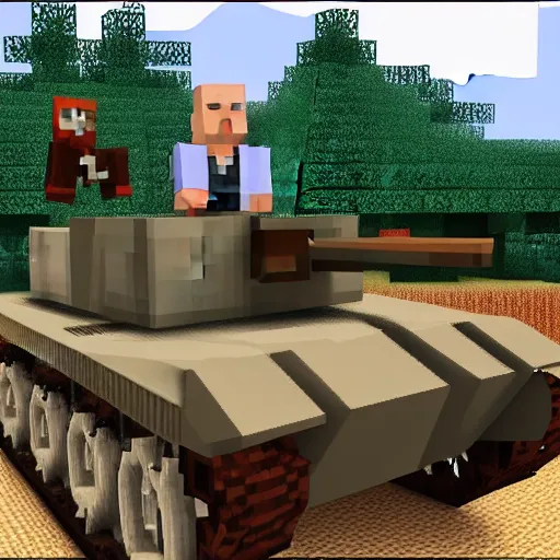 Prompt: Vladimir Putin as a Minecraft character building a tank