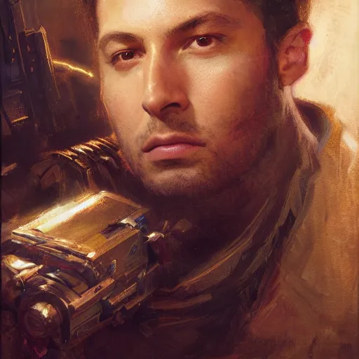 Image similar to handsome portrait of ezra klein posing, radiant light, caustics, war hero, apex legends, by gaston bussiere, bayard wu, greg rutkowski, giger, maxim verehin