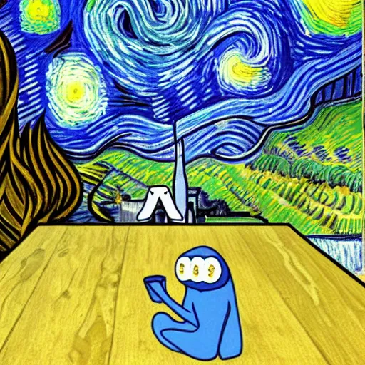 Image similar to starry night with pepe the frog sitting at a cafe table by vincen van gogh