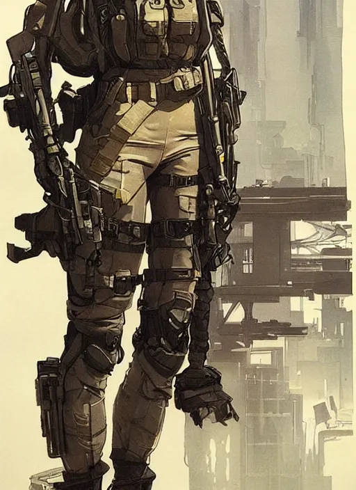 Prompt: Maria. USN female special forces operator looking at city skyline. Agent wearing Futuristic stealth suit. rb6s Concept art by James Gurney, Alphonso Mucha.