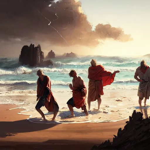 Image similar to a band of ancient heroes wearing robes washing up on a sandy shore, tattered clothing, fragments of wood, crashing waves, by greg rutkowski, heroic, soaking wet, bright sun, calm sky, dramatic, realistic, detailed, ancient, artstation, artgerm, digital painting