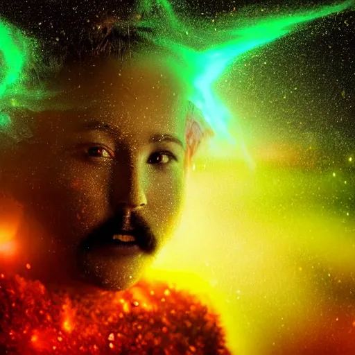 Prompt: a realistic human face made from space clouds and star dust. swirling cosmic rays and soft cloud beard eternal gaze black hole eyes. vibrant saturated realistic 8 k high definition volumetric lighting and dynamic mystical composition.