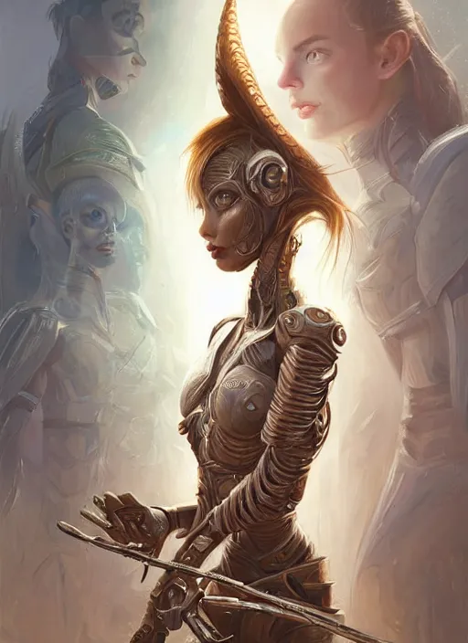 Image similar to a professional painting of a beautiful young female alien, clothed in ethereal armor, olive skin, long dark hair, beautiful bone structure, symmetrical facial features, intricate, elegant, digital painting, concept art, smooth, sharp focus, illustration, from Valerian and the City of a Thousand Planets, by Ruan Jia and Mandy Jurgens and Artgerm and William-Adolphe Bouguerea