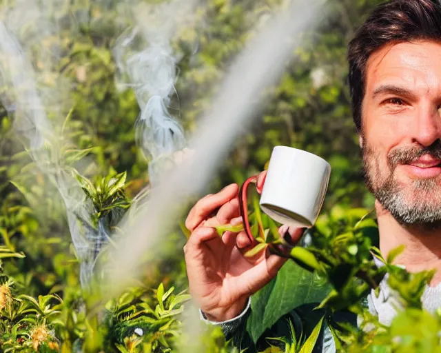 Prompt: mr robert is drinking fresh tea, smoke pot and meditate in a garden from spiral mug, detailed smiled face, muscular hands, golden hour closeup photo, red elegant shirt, eyes wide open