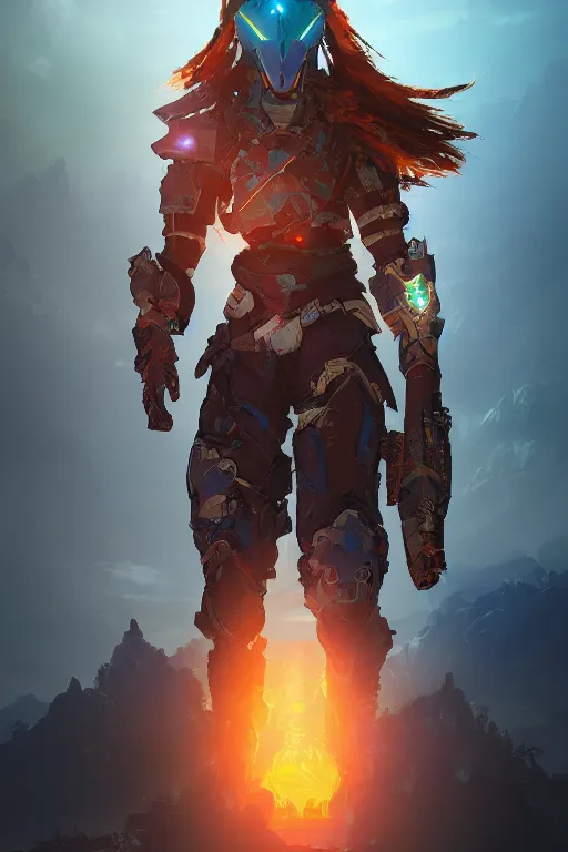 Image similar to combination suit armor aloy horizon forbidden west horizon zero dawn radiating a glowing aura global illumination ray tracing hdr fanart arstation by ian pesty and alena aenami artworks in 4 k tribal robot ninja mask helmet backpack