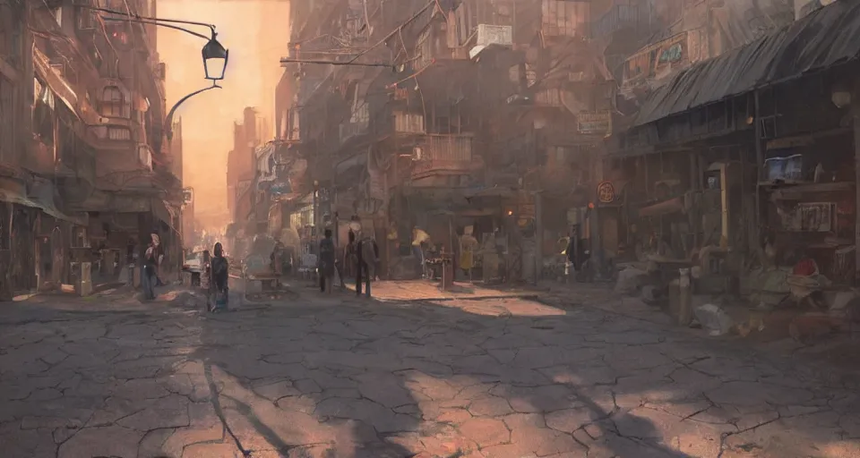 Image similar to craig mullins and ghibli digital art of american city, street, 1 9 2 0, sunset alley, the half - human, half - cat monster watches you, its body hidden in the shadow unreal engine, hyper realism, realistic shading, cinematic composition, realistic render, octane render, detailed textures, photorealistic, wide shot