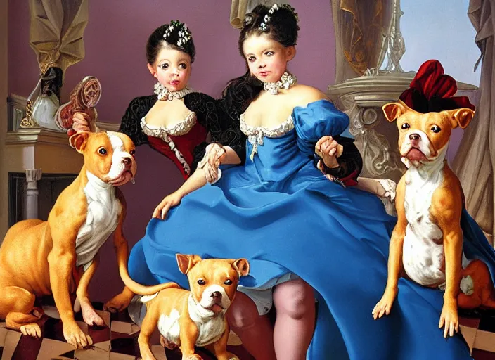 Prompt: baroque rococo painting The Fancy Royal Pitbull Puppies in the fancy parlor portrait Greg Hildebrandt high detail cute