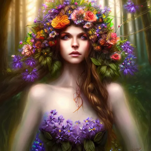 Image similar to upper body of a beautiful woman clothed in flowers and leaves standing in an enchanted forest, high fantasy, elegant, epic, detailed, intricate, digital painting, concept art, realistic detailed face, smooth, focus, rim light