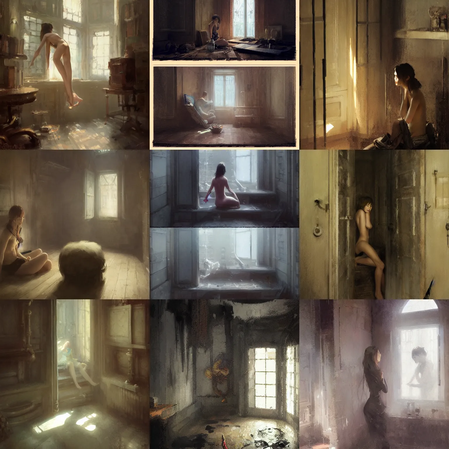 Prompt: a secret room i found in my house by zhaoming wu, john collier, albert aublet, cedric peyravernay, nick alm, makoto shinkai, robert mcginnis