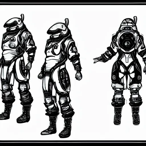 Image similar to concept art of a game character future weapon space suit Kim Jung Gi black and white