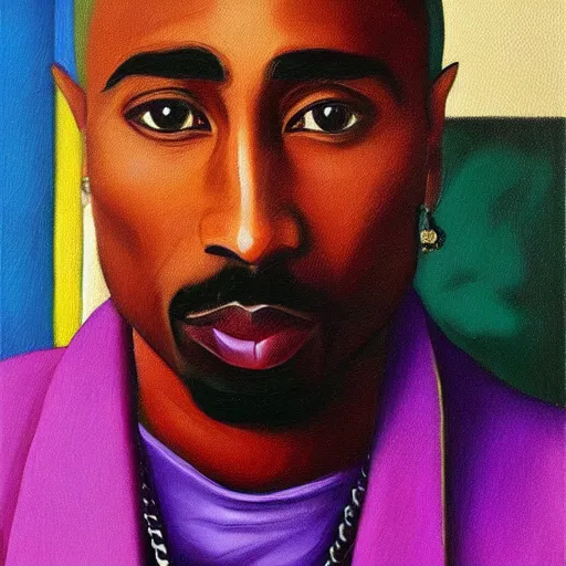 Image similar to oil painting portrait of tupac shakur in a purple suit, high quality art, oil on canvas, johannes vermeer