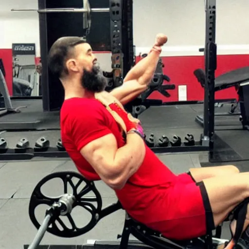 Image similar to pablo echenique robba as a bodybuilder in a gym lifting weights sitting in his wheelchair