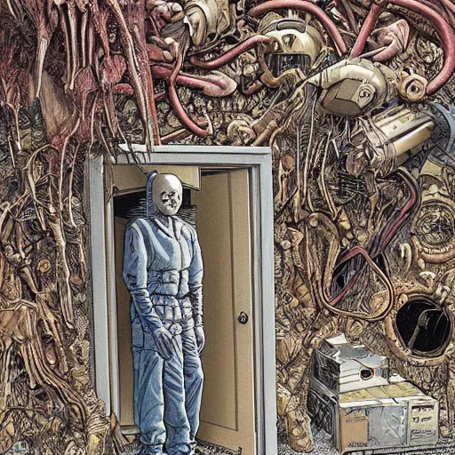Image similar to a door opening an impossible nightmare beyond comprehension, very very detailed painting by geof darrow and greg rutowski and hr giger
