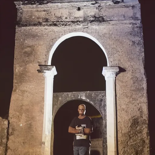 Image similar to a picture of a man standing in front of an arch in antigua guatemala at night