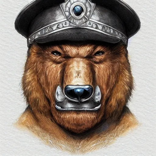 Image similar to dashing charming grinning charismatic bear beast-man rogue, wearing captain's tricorne hat, naval background, amazing, lifelike award winning pencil illustration trending on art station artgerm Greg rutkowski cinematic