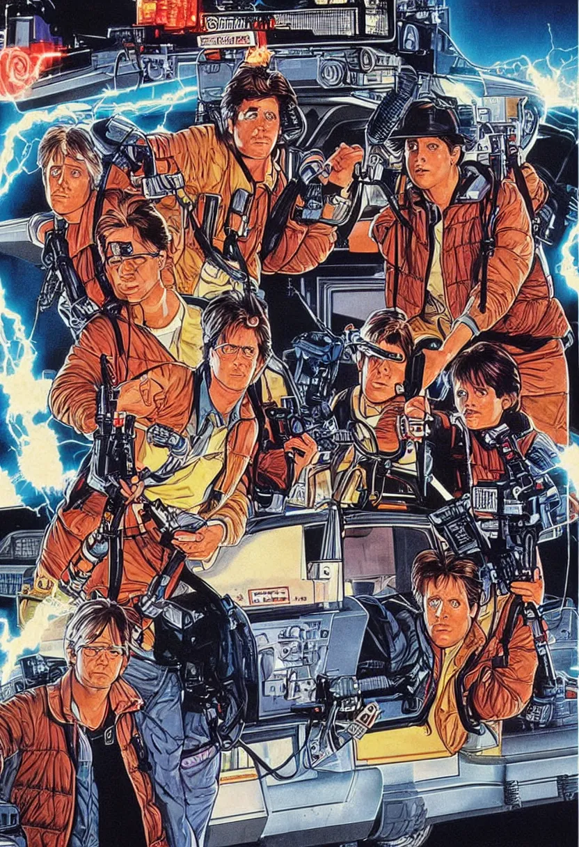 Image similar to 8 0's movie poster for back to the future vs. ghostbusters, art by drew struzan