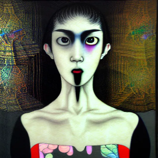 Image similar to yoshitaka amano blurred and dreamy realistic three quarter angle portrait of a young woman with black lipstick and black eyes wearing dress suit with tie, junji ito abstract patterns in the background, satoshi kon anime, noisy film grain effect, highly detailed, renaissance oil painting, weird portrait angle, blurred lost edges