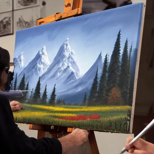 Image similar to a closeup photorealistic photograph of bob ross working on a canvas painting of darth vader. film still. brightly lit scene. mountains and trees. this 4 k hd image is trending on artstation, featured on behance, well - rendered, extra crisp, features intricate detail, epic composition and the style of unreal engine.