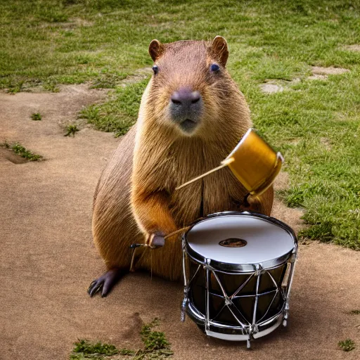 Image similar to high resolution photo of a capybara playing a jazz drum set, wide angle, 2 8 mm