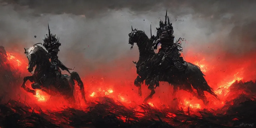 Image similar to a angry knight in full plate of black armor, splattered with blood, riding a large black war horse, with red glowing eyes flowing red mane and tail, blackened clouds cover sky, crackling with lightning, a castle in distance burns, concept art by greg rutkowski, craig mullins, todd mcfarlane,