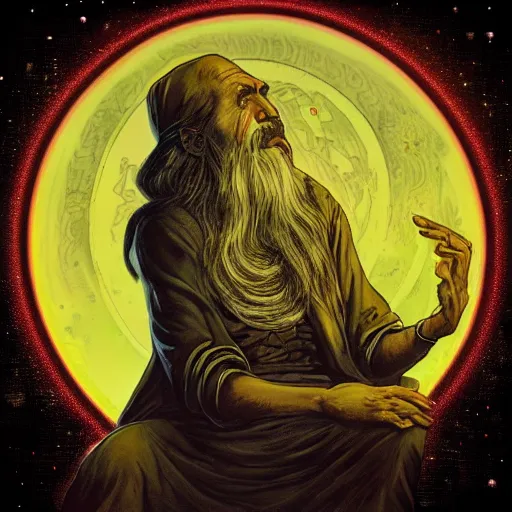 Image similar to Album cover of a Wizard pondering his orb