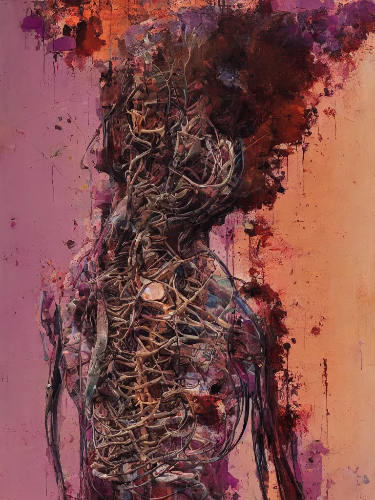 Image similar to a beautiful glitched painting by robert proch of an anatomy study of the human nervous system, color bleeding, pixel sorting, copper oxide and rust materials, brushstrokes by jeremy mann, cold top lighting, pastel purple background