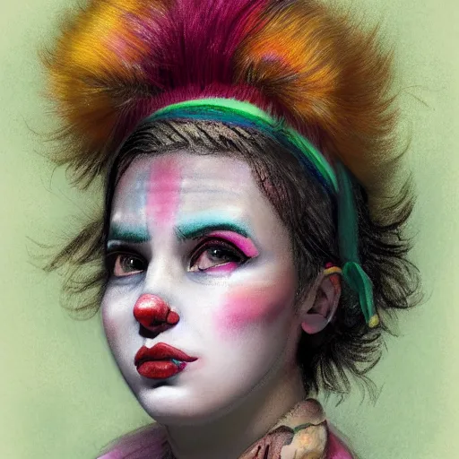 Image similar to clowncore pastel punk young female party goer wearing stylish headband. detailed, portrait, 8 k, artwork by jean - baptiste monge