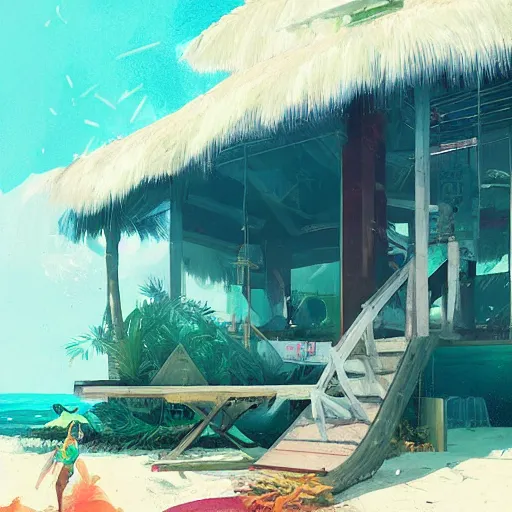 Prompt: a tropical beach shack by james gilleard and liam wong and jeremy mann