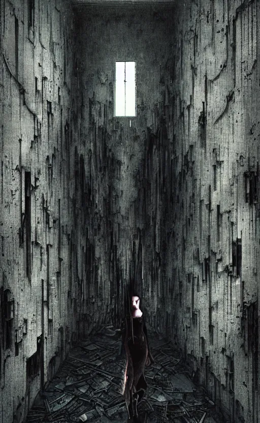 Prompt: vertical movie frame portrait of girl inside abandoned school, ominous backrooms at distance seen through big broken wall, giger interior design, architectural design, vintage, liminal aesthetic, dreamcore, weirdcore, clean lines, wide angle, by wayne barlowe, tsutomu nihei, zdzislaw beksinski,