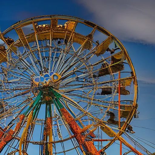 Image similar to an old abandoned rusty ferris wheel, in a town filled with pale yellow mist. Dystopian. Award-winning colored photo. OM system 12–40mm PRO II 40mm, 1/100 sec, f/2 8, ISO 800