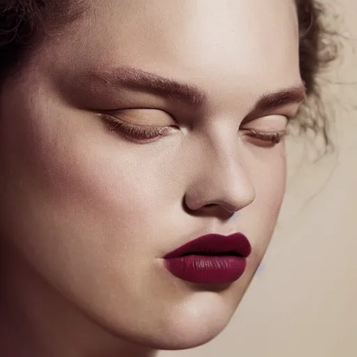Prompt: a muted colors natural make-up portrait Photograph of a plus-size model, editorial story, Vogue France, editorial photographer by Peter Gehrke